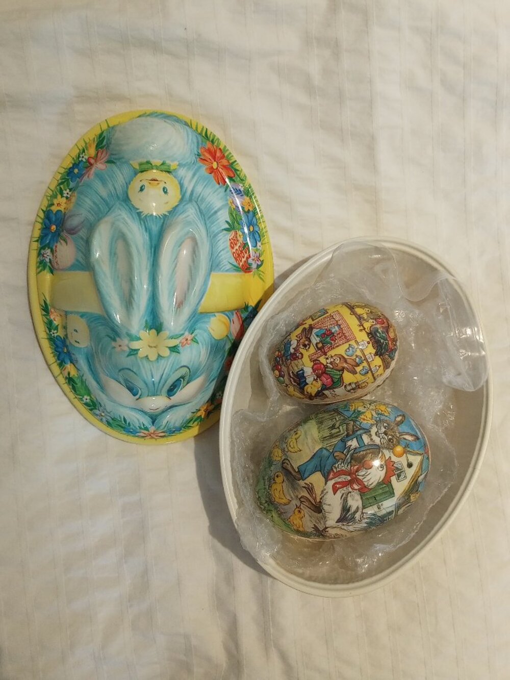 2 Vintage German Paper Mache Easter Eggs with Vtg Plastic Easter Bunny Container